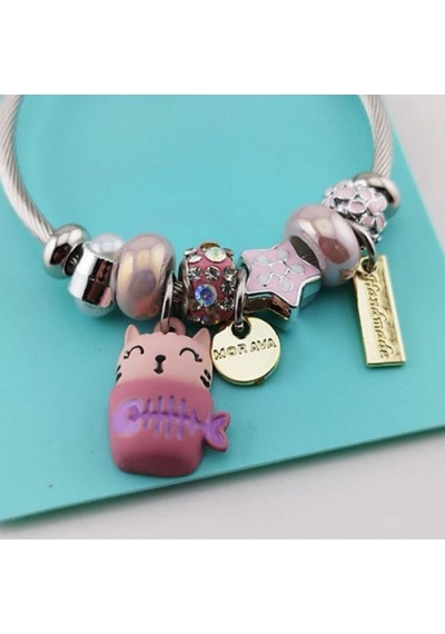 Pembe Charm Detaylı Kadın Bileklik Sevimli Figürlü Çelik Charm Bileklik Gümüş