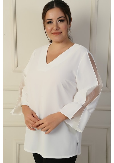 By Saygı V Yaka Yarı Organze Krep B.b. Bluz Ekru