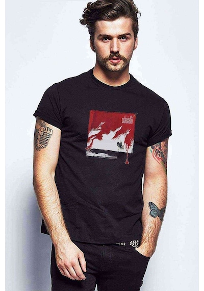 Svartir Sandar Baskılı Siyah Erkek Tshirt