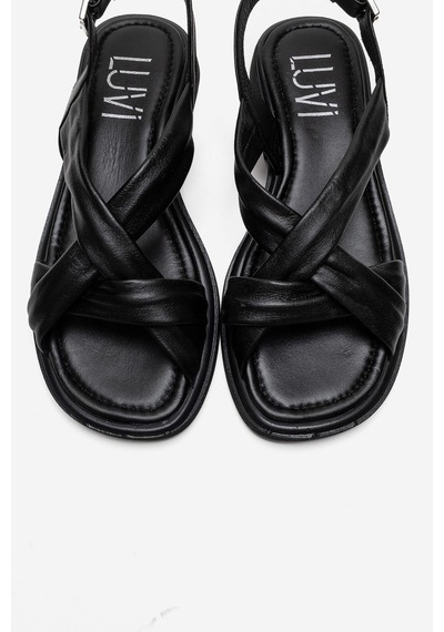 Luvishoes Frand Siyah Hakiki Deri Çapraz Bantlı Kadın Sandalet