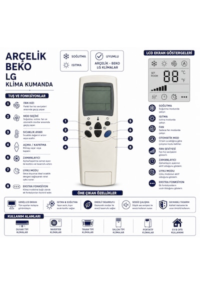 Arçelik Beko Lg Klima Kumandası Lcd Ekranlı Isıtma Soğutma Fan Mod Zamanlayıcı Yedek Kumanda