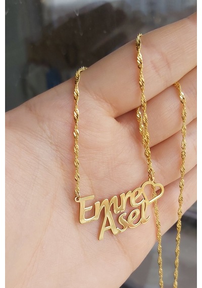 925 Ayar Gümüş 24 Ayar Altın Kaplama 2 Isimli Kalpli Kolye Gold