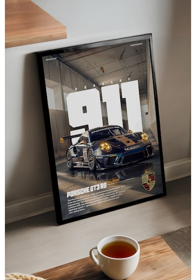 Porsche 911 Siyah Ahşap Çerçeveli Poster, Dekoratif Araba Duvar Tablosu
