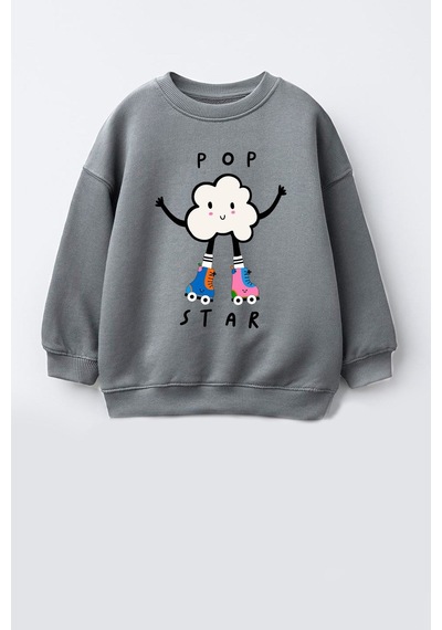 Monila Kız Çocuk 3 İplik Kumaş Pamuklu Popcorn Baskılı Sweatshirt Antrasit