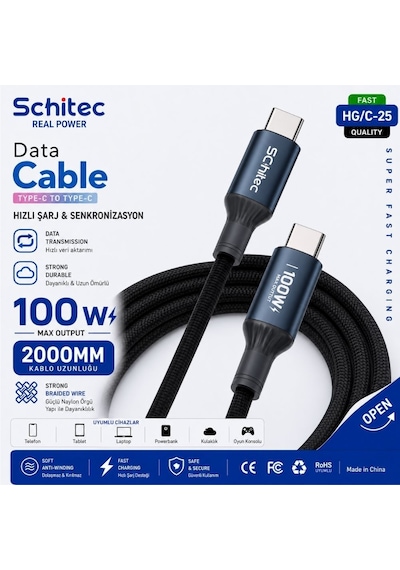 Schitec 100w Type-c To Type-c Süper Hızlı Data Ve Şarj Kablosu Siyah 2 Metre Hg/c-25 100w 2m Blue