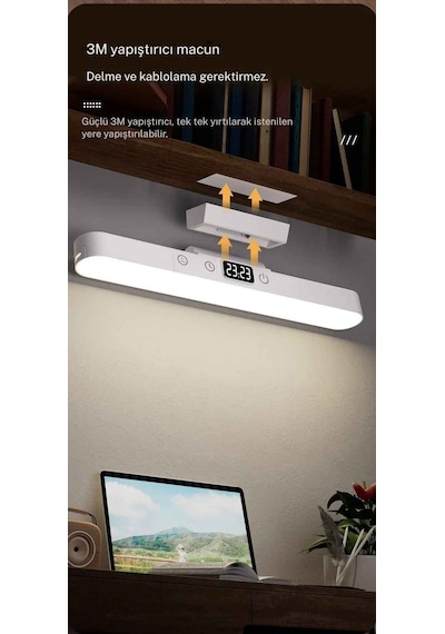 Monozone Şarj Edilebilir Manyetik Led Okuma Lambası Usb Dokunmatik Saat Göstergeli Masa Lambası Mutfak Beyaz Gün Işığı Sarı