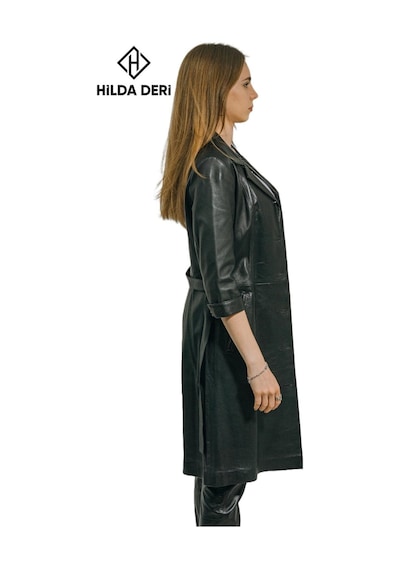 Hilda Deri Yarım Kollu Siyah Hakiki Deri Düğmeli Elbise Trençkot Diana 001