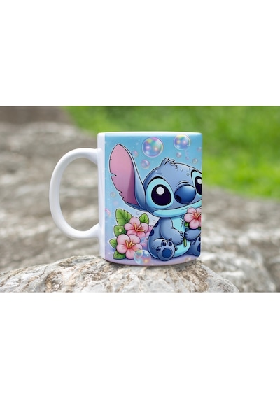 Mavi Stitch Çiçekli Kupa Bardak - Mavi Arka Planlı Tatlı Karakter Tasarımı Hediye Kupa Beyaz