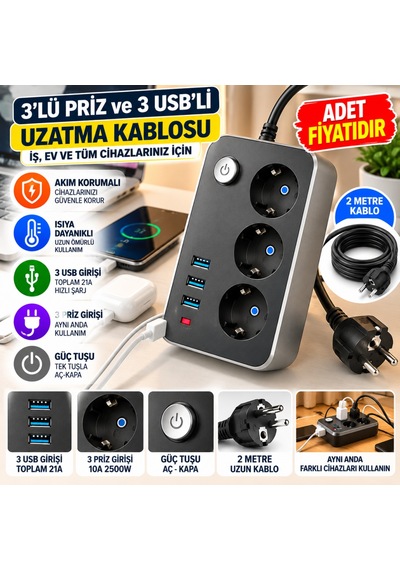 Isıya Dayanıklı Termal Akım Korumalı 2 Mt 10a 2500w 3lü Priz Ve 3 Usbi 21a Uzatma Kablosu Adet Fiyatıdır Renkli