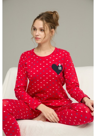 Siyah İnci Pamuklu Bisiklet Yaka Örme Pijama Takım25241153 Kırmızı