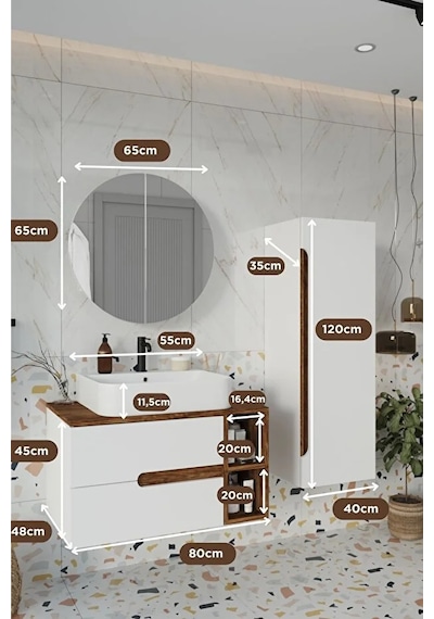 Koza Beyaz 80 Cm %100 Mdf Banyo Dolabı Ayna Lavabo Boy Dolabı Beyaz