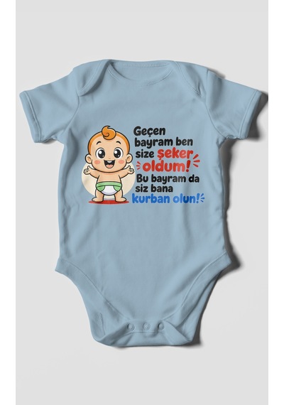 Morivokids Geçen Bayram Ben Yazılı Kısa Kollu Bebek Body %100 Pamuk Bebe Mavisi