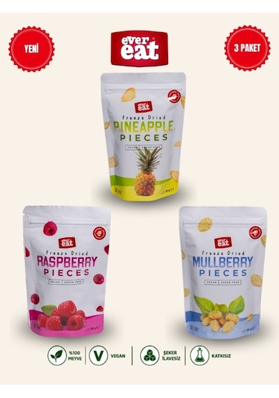Evereat Ananas-frambuaz-dut Freeze Dry Meyve Cipsi 3'lü Paket Gurme Atıştırmalık 1 Adet