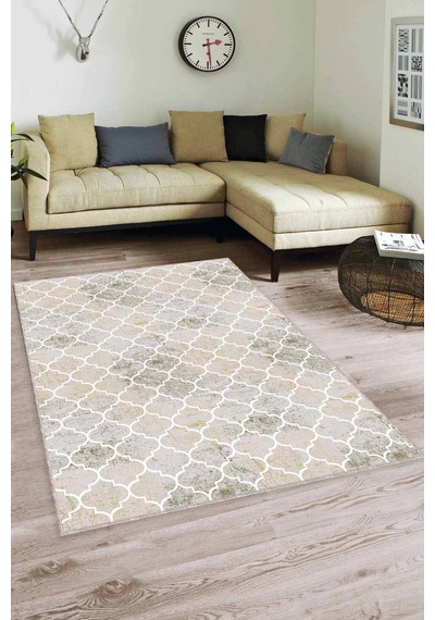 Yeşil Fas Desen Kaymaz Taban Makinede Yıkanabilir Halı Fs01