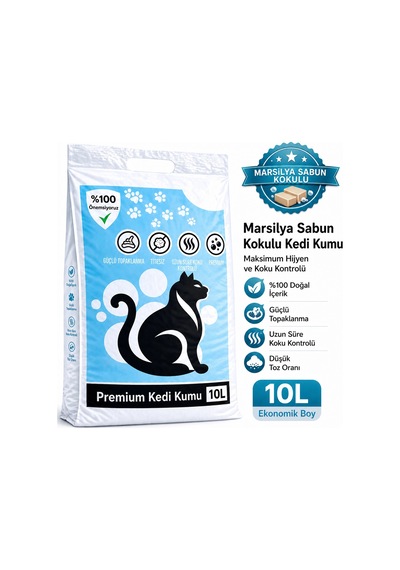10 Lt Marsilya Sabun Kokulu Doğal Bentonit Kedi Kumu Tozdan Arındırılmış Tozsuz Kedi Kumu Topaklanan