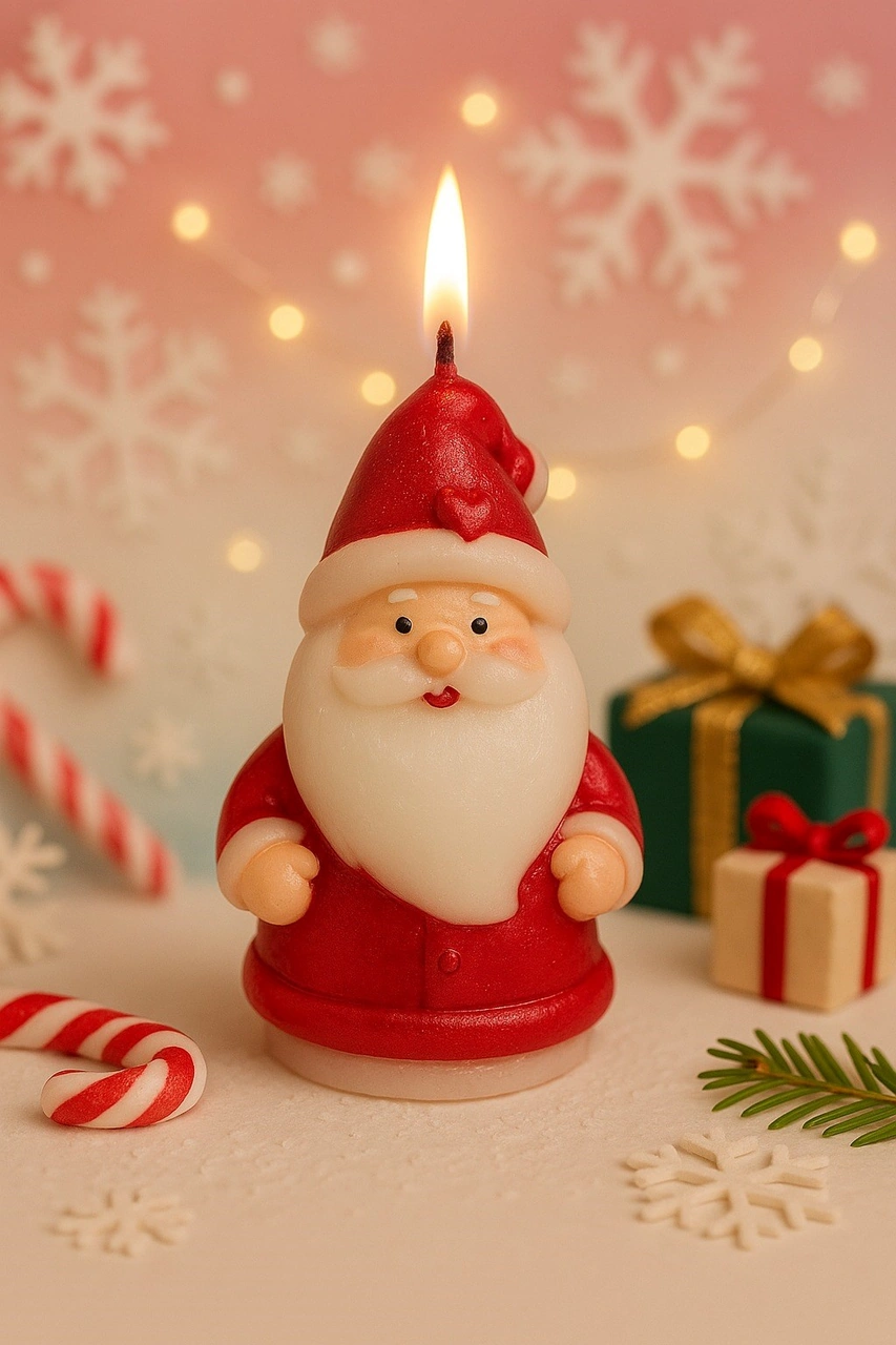 Yılbaşı Ortam Işığı Rustik Dekor Noel Baba Figürlü Mum El Yapımı Doğal Noel Baba Mum Hediye 9x6 Cm Çok Renkli