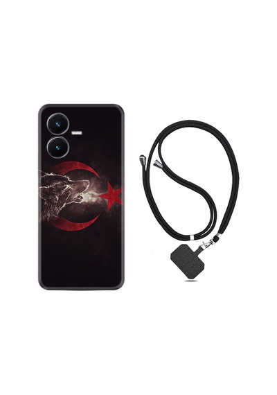 Vivo Y22S Kılıf İpli Boyun Askılı Desenli Silikon Kurt ve Ay Yıldız 1403