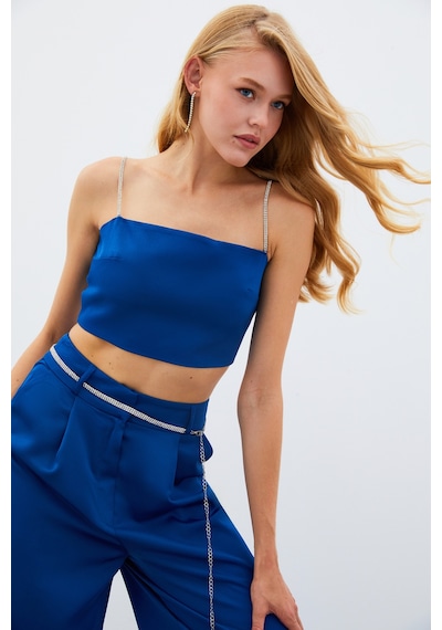 Sateen Taş Askılı Saten Crop Bluz - Mavi-134981 Mavi