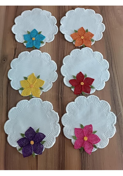 6'lı Renkli İğne Oyası Çiçekli Kahve Yanı Sunum Peçetesi Takımı - El Yapımı Bardak Altlığı Beyaz