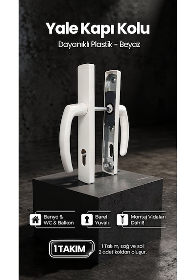 Plastik Yale Barelli Kapı Kolu, Pvc Pimapen, Balkon, Wc, Banyo, Beyaz, 1 Takım