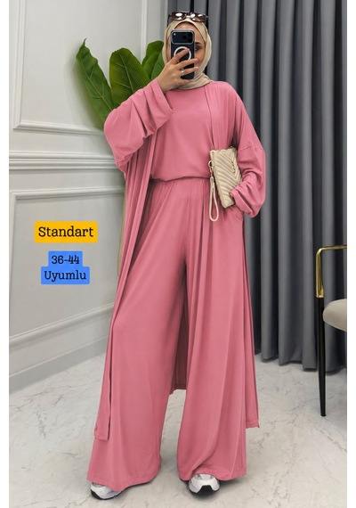 Balenbi Kadın Viskon Penye Uzun Hırka Bluz Geniş Paça Pantolon Abaya Takım 3791 Pembe