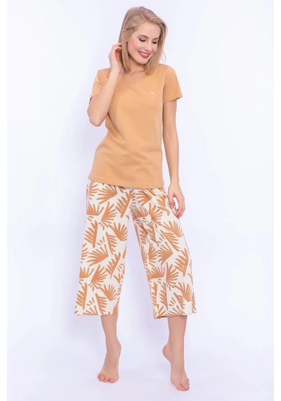 Pierre Cardin Arnetta Camel Renk Kadın Kısa Kollu Pijama Takımı Çok Renkli