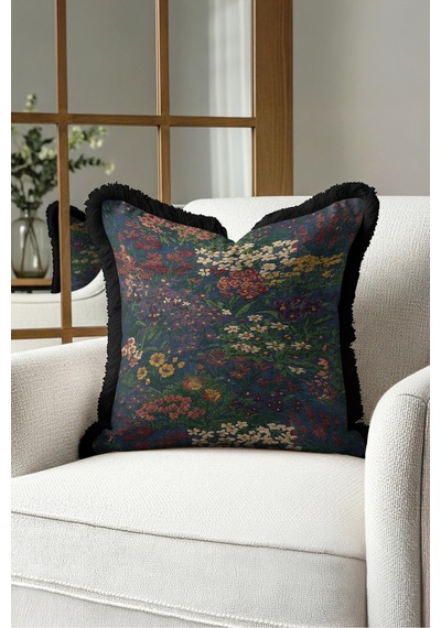 Çiçek Bahçesi Desenli Saçaklı Yastık Kılıfı - Floral Lacivert Yeşil Siyah Püsküllü Kırlent Kılıfı Buzlu Atlas Saten Çiçek Bahçesi Desenli Saçaklı Yastık Kılıfı - Floral Lacivert Yeşil Siyah Püsküllü Kırlent Kılıfı Buzlu Atlas Saten