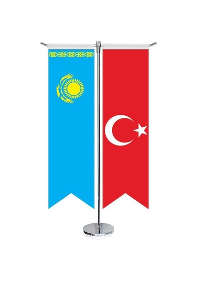 Kazakistan Cumhuriyeti Bayrağı Ve Türkiye -kırlangıç -saten T Direk 2li Masa Bayrağı 1