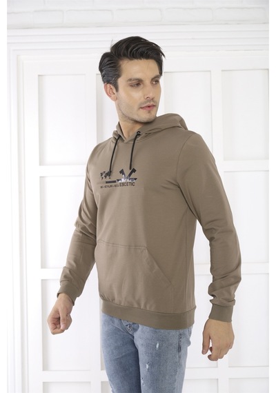 Escetic Spor Erkek Haki Cepli, Kapüşonlu Sweatshirt-4171