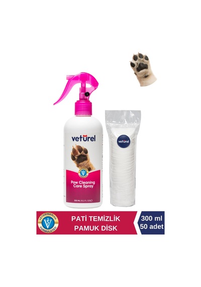 Veturel Köpek Pati Temizleme Parfümsüz Koku Giderici Tüy Kir Bakım Spreyi 300ml Disk Pamuk 50li