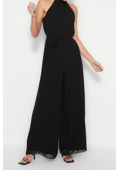 Ersefa Kadın Moda Standart Kol Geniş Paça Halter Yaka Uzun Kuşaklı Maxi Siyah