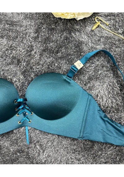 Natasha İthal Balensiz Push-up Lazer Kesim Önden Bağlamalı Rahat Petrol Yeşili