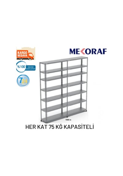 Mekoraf Çelik Raf Sistemi 43X93 2 Metre 7 Raflı 2 Ünite Gri