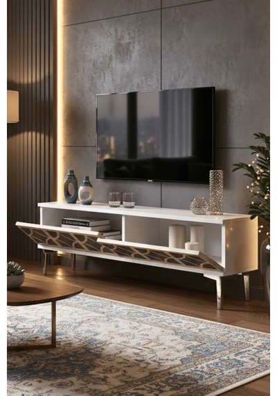 Tsa1236bts - Öztv120 Tv Stand, Tv Sehpası Beyaz - Traverten - Sılver 120cm