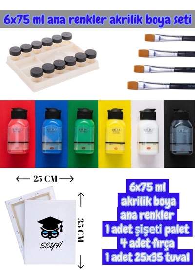 6x75 Ml Akrilik Boya Ana Renkler 1 Adet Şişeti Palet 4 Adet Fırça 1 Adet 25x35 Tuval 0000 Naturel