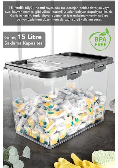 Etiketli Deterjan Saklama Kutusu - 15 Lt Sürgülü Kilitli Kapak Tablet Toz Deterjan Kabı Gri Gri