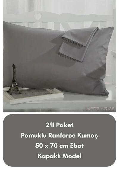 Antrasit Renkli Ranforce Pamuklu Kumaş Kapaklı Yastık Kılıfı 2'li