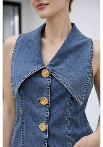 Kadın Gold Düğme Detaylı Yelekli Denim Kot Takım Yz2613 Mavi