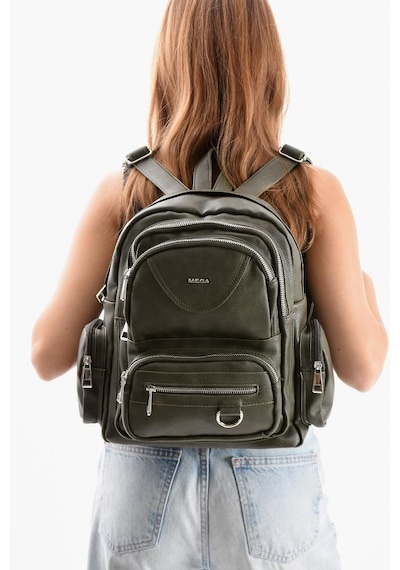 Baginn Suni Deri Kadın Sırt Çantası 38 28 Cm Mega Bag Günlük Kullanıma Uygun Çok Cepli İçi Astarlı Yeşil