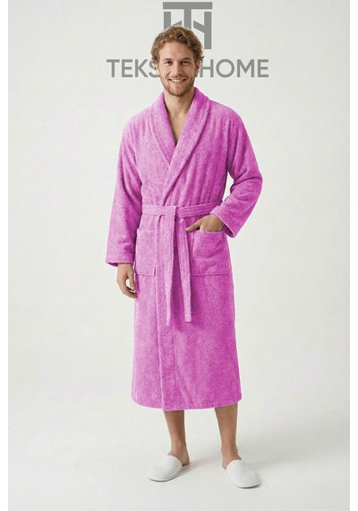 %100 Pamuklu Unisex Bornoz Şalyaka Cepli Büyük Beden 3xl 4xl Erkek Kadın Bornoz Gül Kurusu