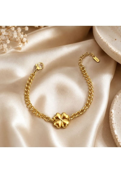Cm Jewelry Yonca Desenli Gold Çelik Bileklik Açık Kahverengi