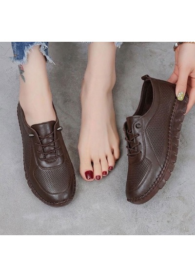 Beren Hakiki Deri Acı Kahve Kadın Ayakkabı Lazer Delikli Ortopedik Taban Casual Günlük Yürüyüş Ayakkabısı Sneakers Kahverengi