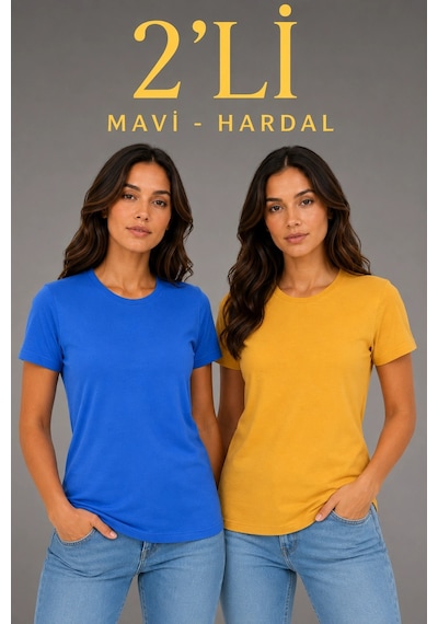 Novalisse Kadın Basic Bisiklet Yaka Yazlık Slim Fit T-shirt - Mavi & Hardal Sarısı Çoklu Renk Novalisse Kadın Basic Bisiklet Yaka Yazlık Slim Fit T-shirt - Mavi & Hardal Sarısı Çoklu Renk