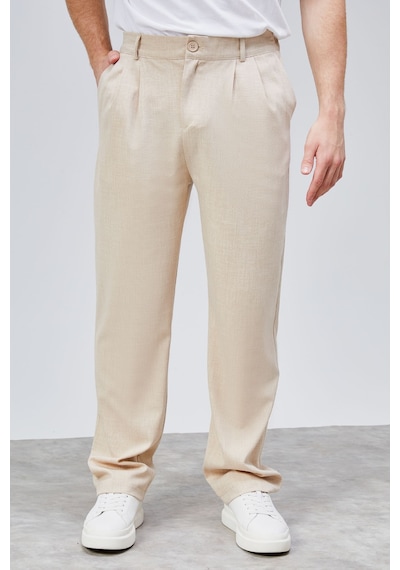 HLT Jeans Erkek Bej Çift Pileli Rahat Kesim Beli Lastikli Bol Paça Baggy Pantolon Albert-1991 Bej