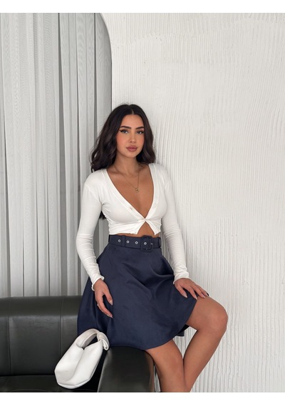 Ozy Fashion Kadın Lacivert Midi Boy Kemerli Süet Kloş Etek Lacivert