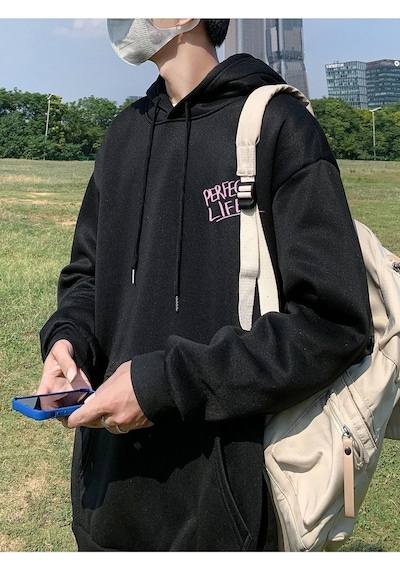 Perfect Life Sweatshirt - Siyah Baskılı Oversize Kapüşonlu Siyah
