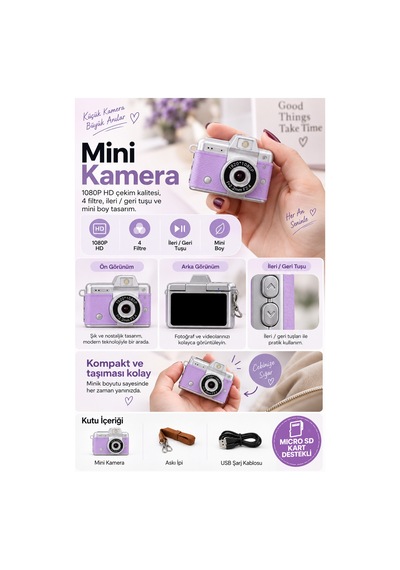 Mimtec Blm-110 Mini Retro Dijital Kamera - Flaşlı Katlanabilir Ekran 1080p Hd Video Selfie Vlog Kamerası Mor