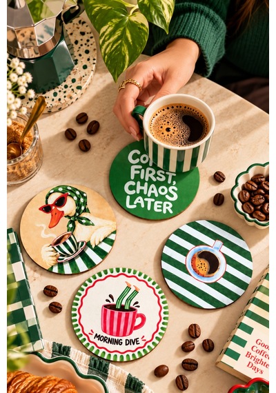 Coffee First Kahve Temalı 4 Lü Bardak Altlığı Set 9 Cm, 3 Mm Ahşap Mdf, Dijital Baskı - 926984089 Diğer