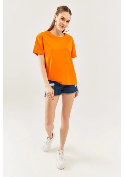Kadın Oversize Rahat %100 Pamuklu Penye Bisiklet Yaka Kısa Kol Basic T-shirt Turuncu