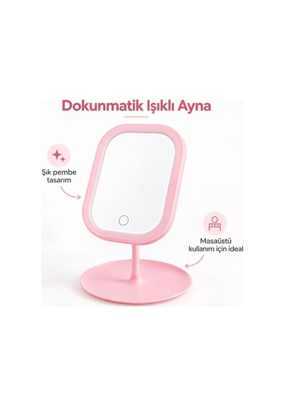 Led Işıklı Masaüstü Ayna, Dokunmatik Kontrol, Tepsili Taban, Kozmetik Model, Makyaj Aynası Pembe, Dikdörtgen Genel